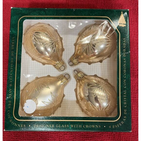Vintage Christmas by Krebs Gold Teardrop Flower Set of 4 Glass Ornaments - Picture 2 of 4
